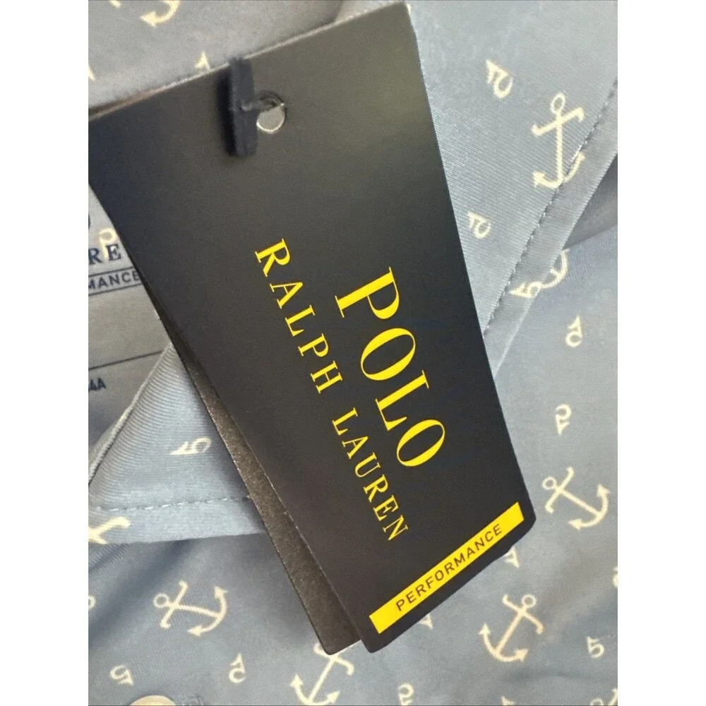 Polo Ralph Lauren Performance XL Light Blue Anchor Pattern Polo Shirt Collar AOP